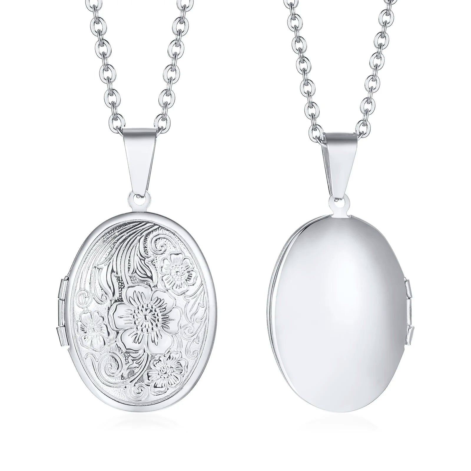 Womens Stainless Steel Floral Oval Heart Locket Pendant