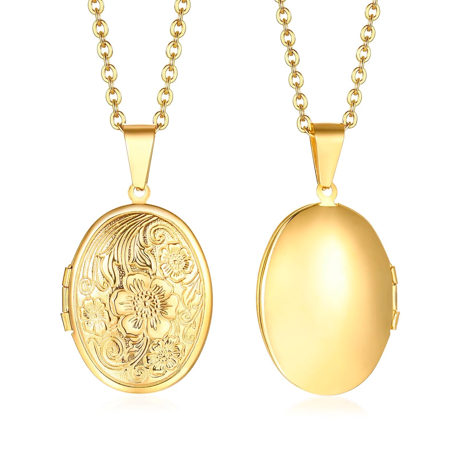 Womens Stainless Steel Floral Oval Heart Locket Pendant