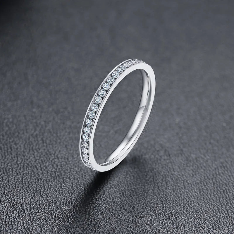 Womens 2mm Stainless Steel Crystal Ring